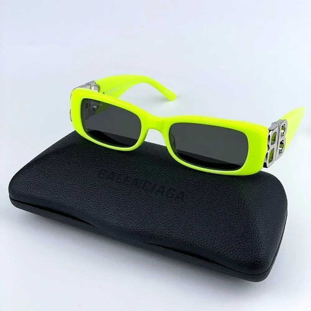 NEW Balenciaga  BB0096S 008 Yellow Silver Logo Grey Square Unisex Sunglasses